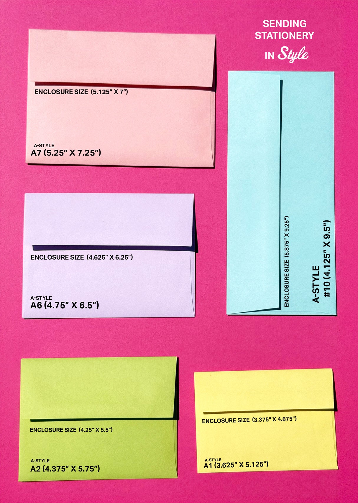 A set of colorful envelope stationery templates in pink, white, light blue, yellow-green, and yellow, arranged on a bright pink background with text indicating A-style sizes and enclosure sizes.